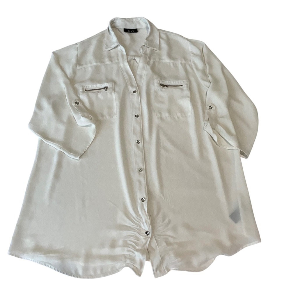 ALYX Women's White 3/4 Sleeve Button Down‎ Shirt Tunic Top Plus Size 1X